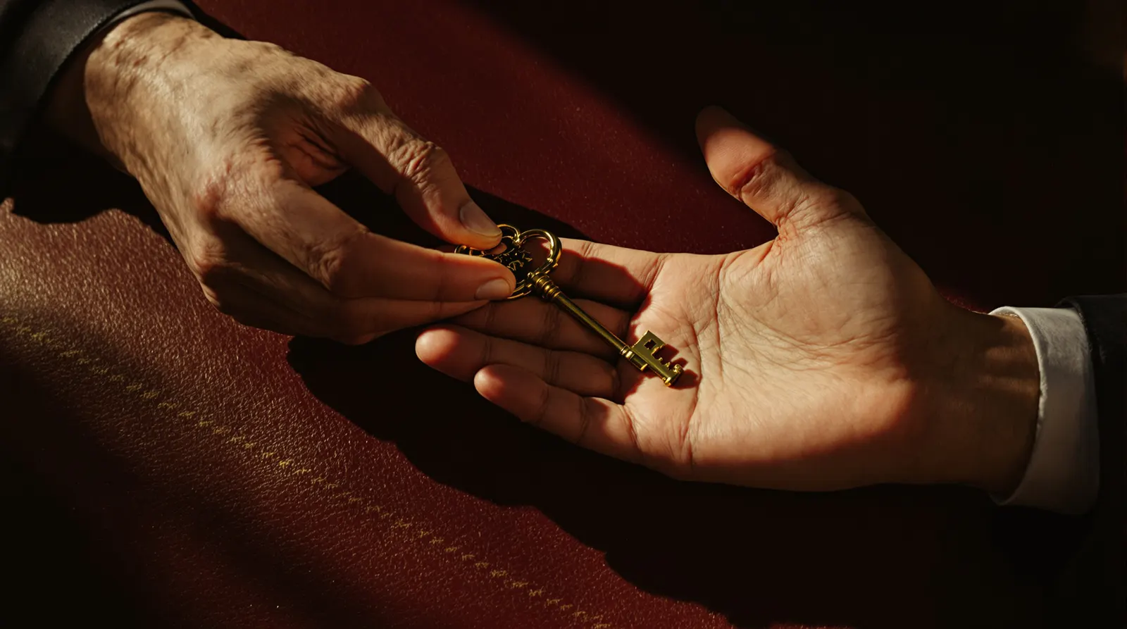 One hand passing a brass key to another